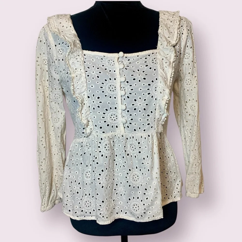 Madewell Eyelet Peplum Top 1/2 Button Up Ruffle White Size Small - Picture 2 of 16
